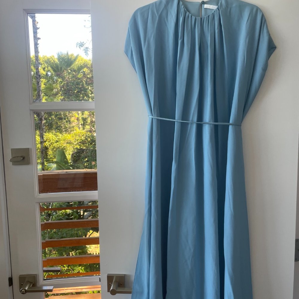 Hugo Boss Dibanty Belted Drape Midi‎ Dress in Pastel Blue, Size 14, NWT - Picture 5 of 11